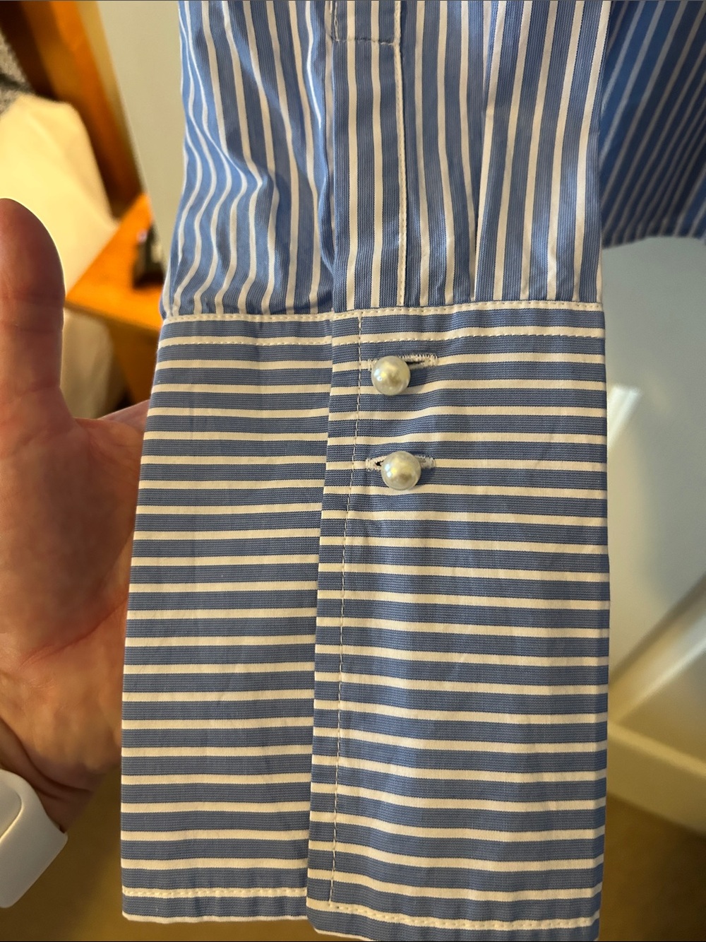 J. Crew Blue & White Striped Ruffle-Front Shirt with Contrast Collar - Picture 5 of 5